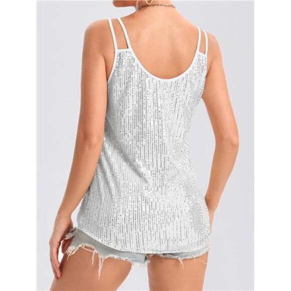 Womens Sequin Tops V Neck Tank Tops White - Picture 6 of 6